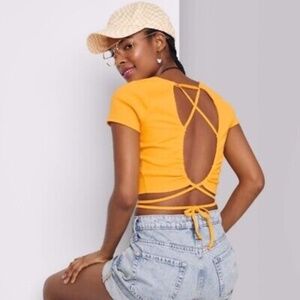 Wild Fable Target Yellow Short Sleeve Lace-Up Back Baby Crop Top Size XXL